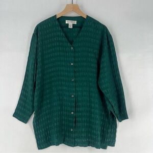 MJ Carroll Vintage Green Lightweight Textured Silk V Neck Button Front Top